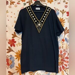 VTG Gepetto Womens L/XL 1990 Navy Blue Gold Studded Jeweled Mobwife Casual Tee